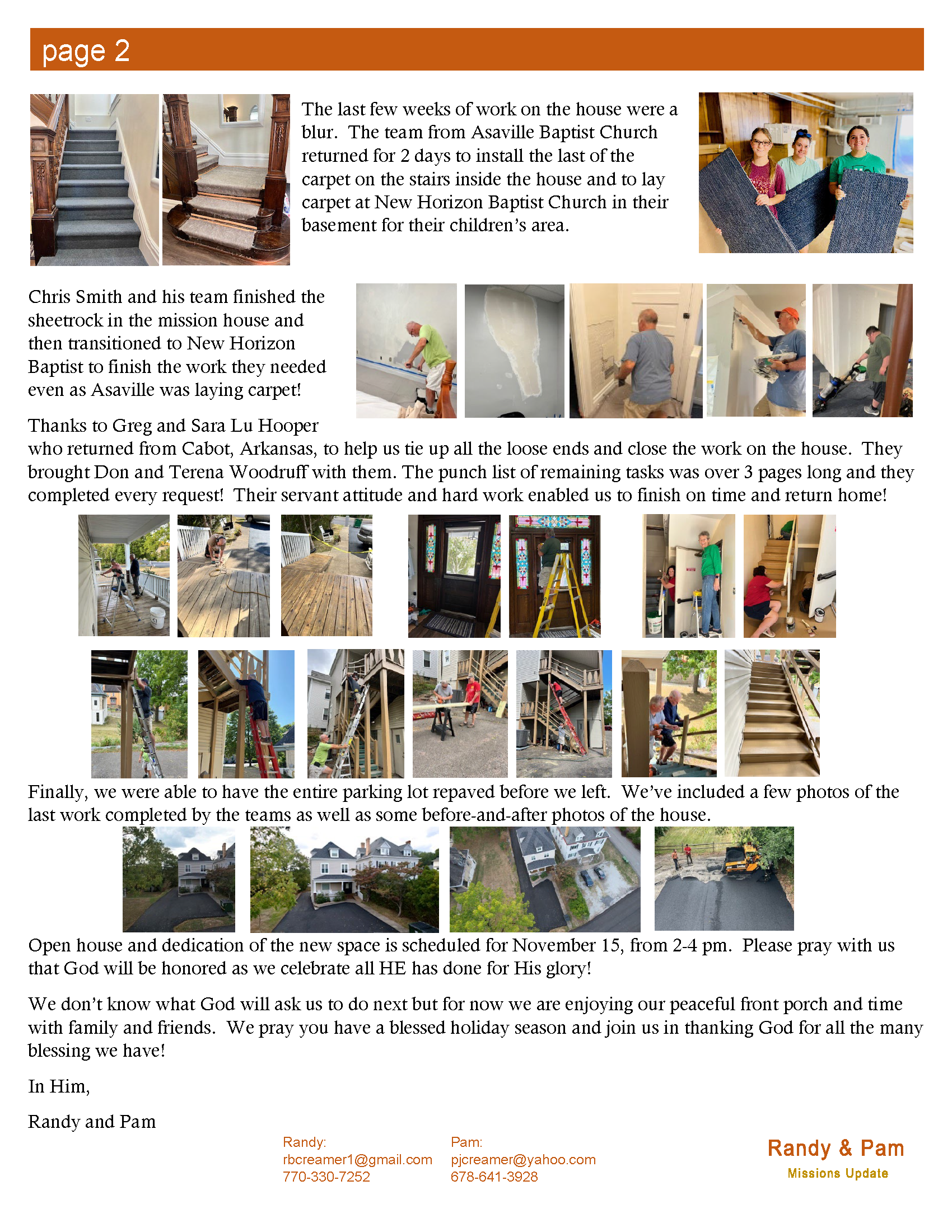 Page from a newsletter with various home renovation photos and text. Includes photos of bathroom fixtures, painting, and home improvement.