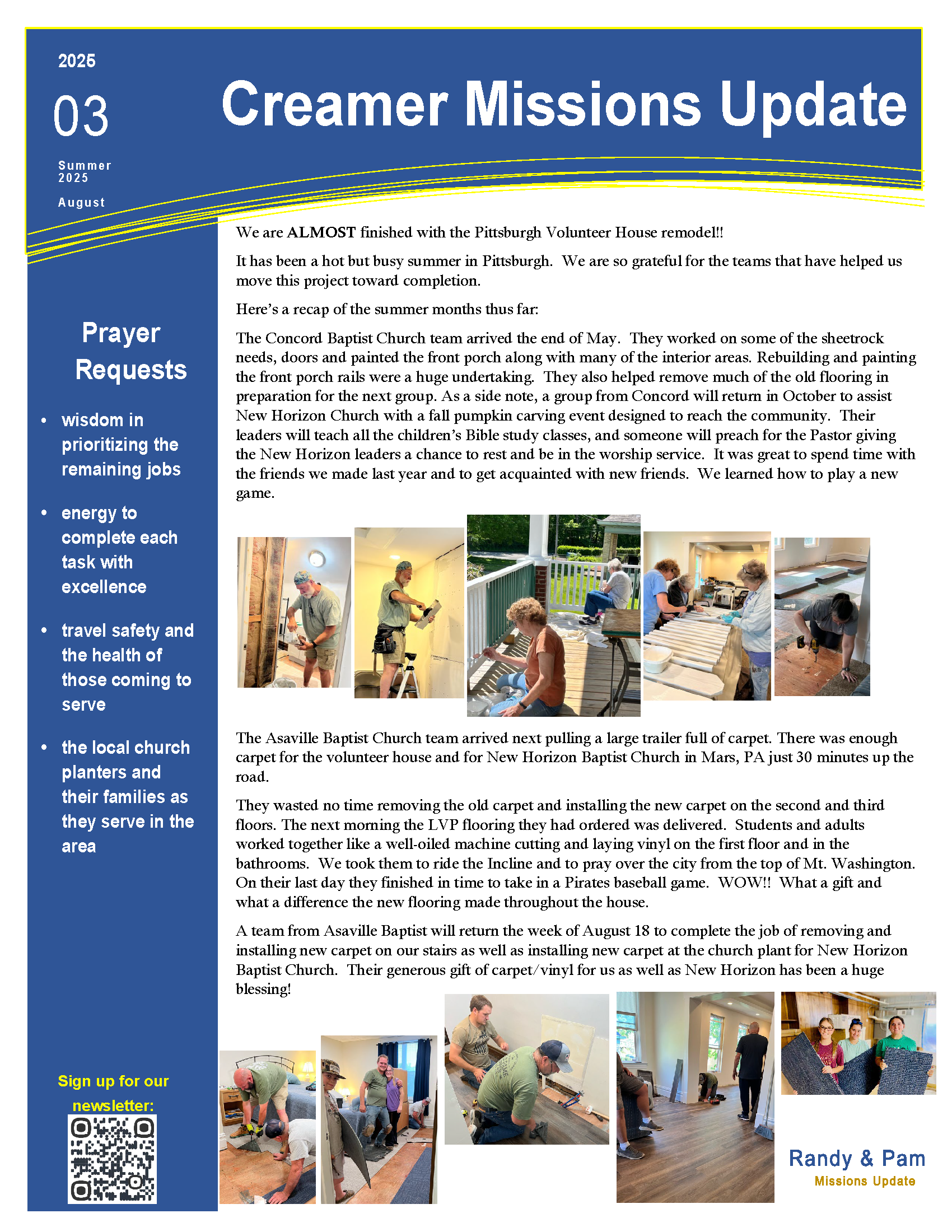 Newsletter highlighting Creamer Missions. Several photos show people working on various home improvement tasks like painting, carpentry, and flooring.