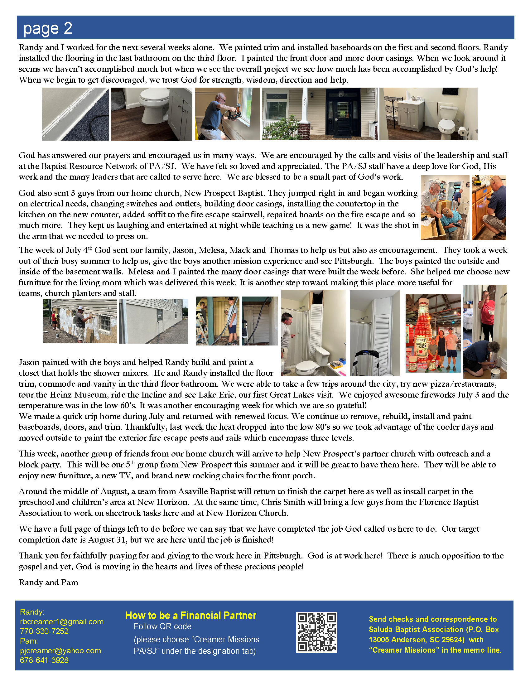 Page from a newsletter with various home renovation photos and text. Includes photos of bathroom fixtures, painting, and home improvement.