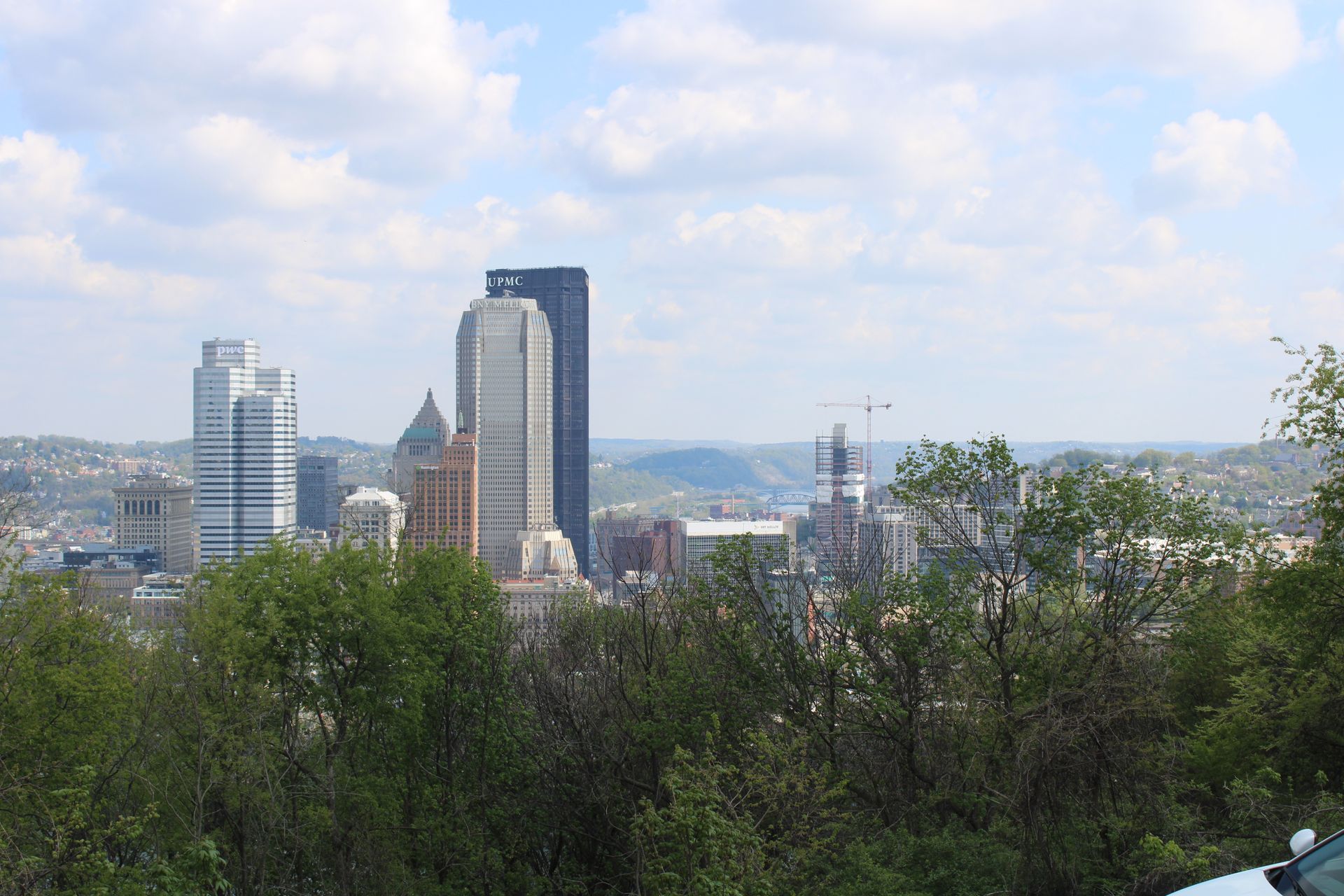 A city skyline with trees in the foreground