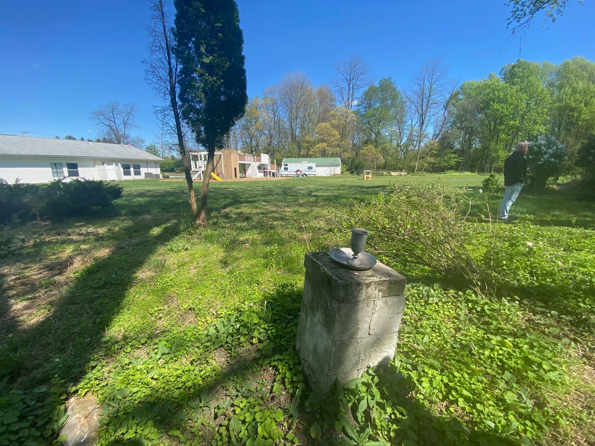 A man is standing in a grassy field in front of a house.