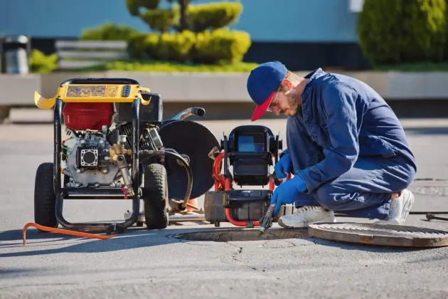 A man is working on a manhole cover with a machine.