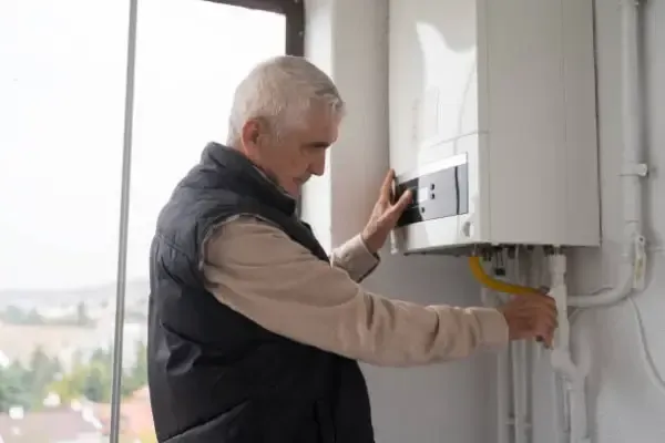 An older man is fixing a boiler in a room.
