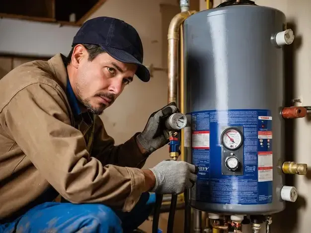 A man is working on a water heater in a basement.