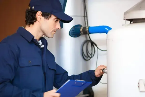 A man is holding a clipboard and looking at a water heater.