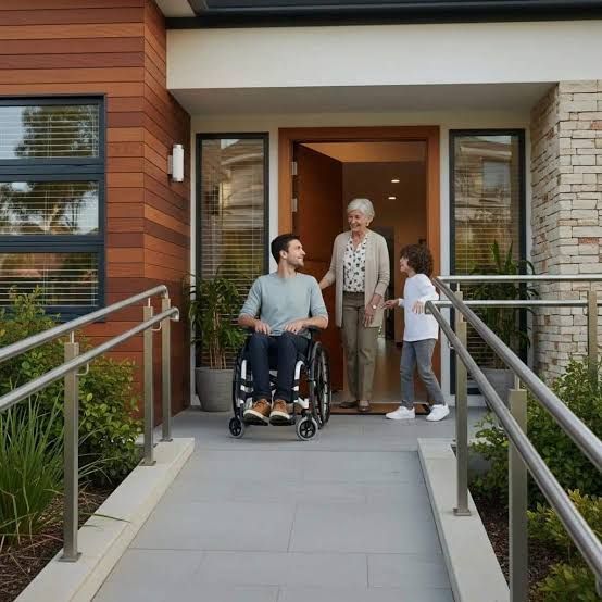 Three people on a ramp outside a modern house, one in a wheelchair, with metal handrails and open front door