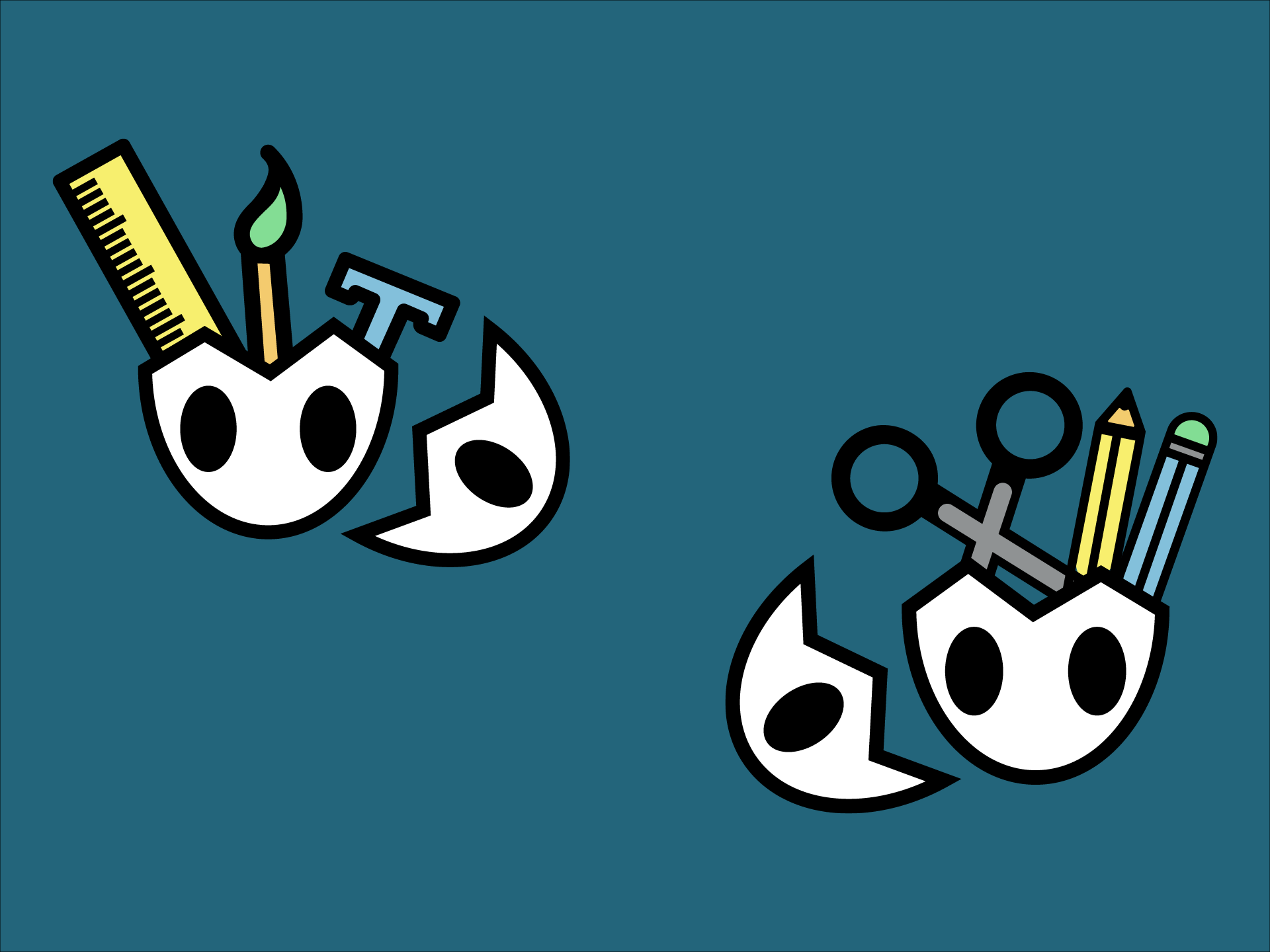 A drawing of a cat with a brush and scissors in its mouth