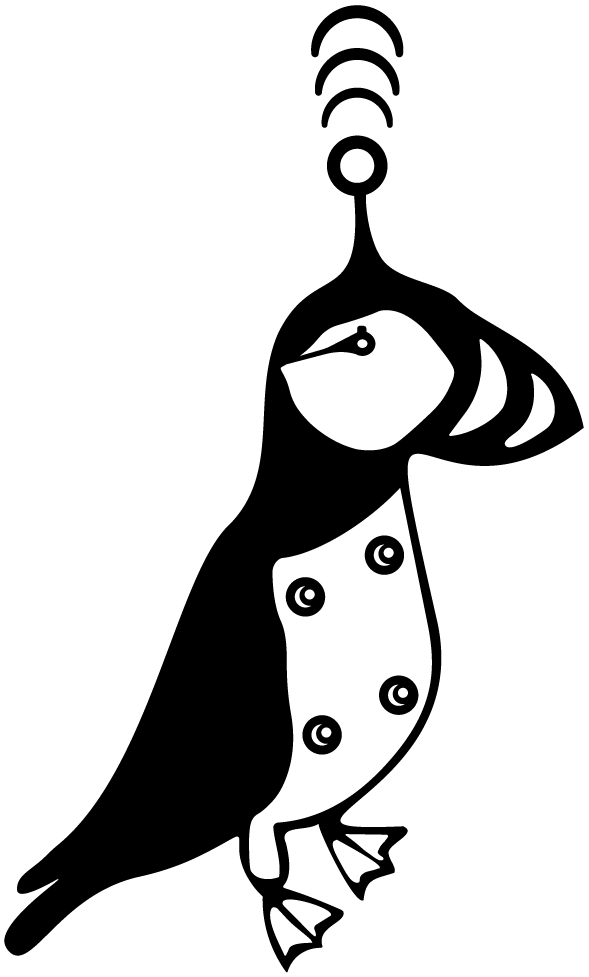 A black and white logo of Puffinbot with an antenna on its head.