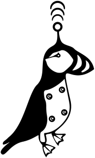 A black and white logo of Puffinbot with an antenna on its head.