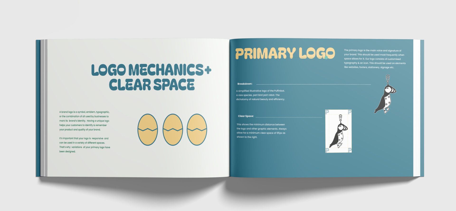 A book is open to a page about logo mechanics and clear space.