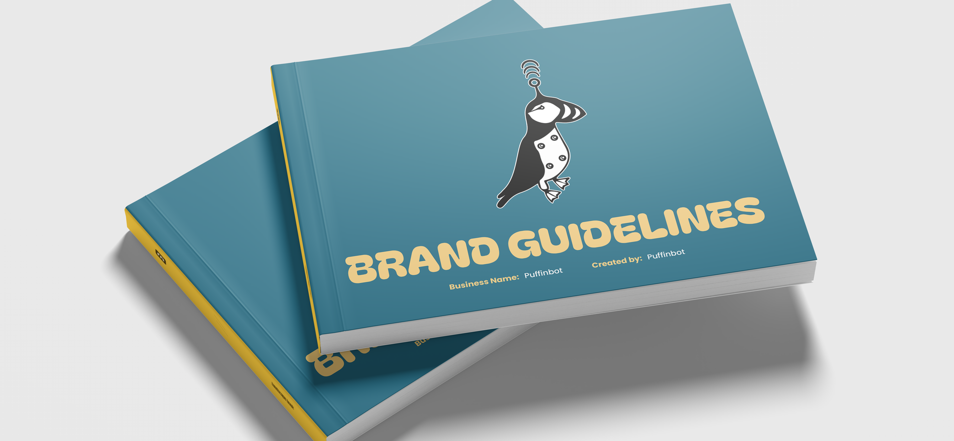 Two brand guidelines books are stacked on top of each other.