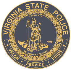 The circular seal of the Virginia State Police featuring the state coat of arms with the motto 