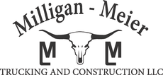 the logo for milligan meier trucking and construction llc has a bull skull on it .