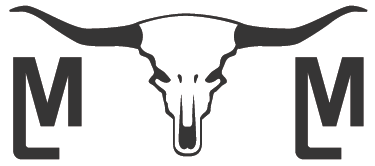 a bull skull with long horns and the letter m on a white background .