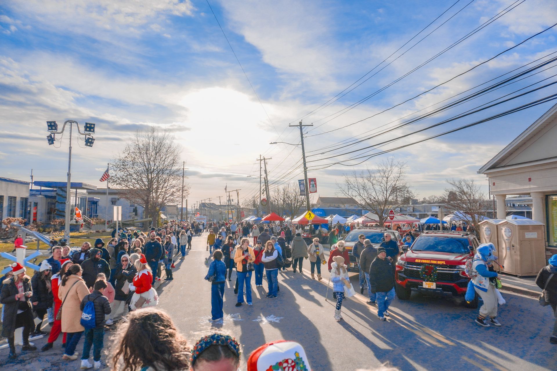 Crowd on street with vendors and cars, sunny day.