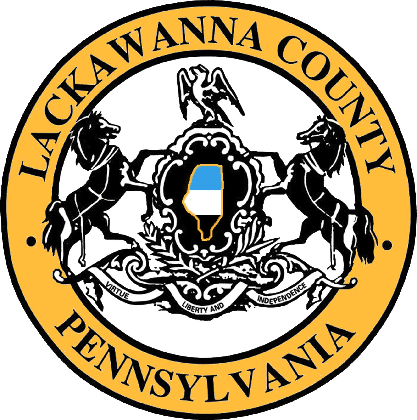 Seal of Lackawanna County, Pennsylvania: yellow circle, horses flanking a central crest featuring the county outlined in blue.