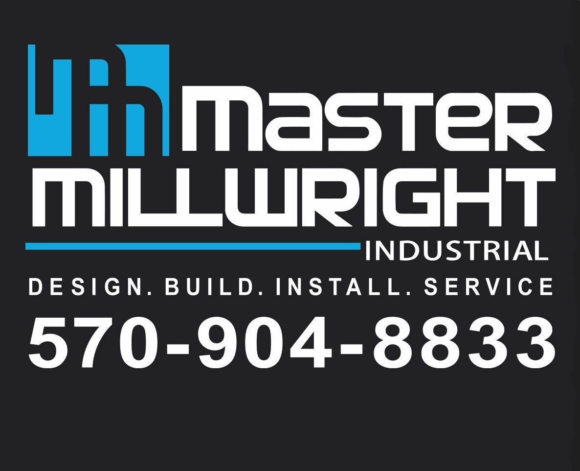 Master Millwright Industrial logo: blue and white text on black background, phone number 570-904-8833.
