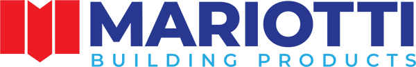 Logo for Mariotti Building Products with blue text and a red design on the left.