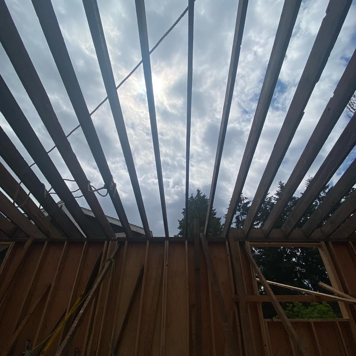 Looking up at the ceiling of a building under construction