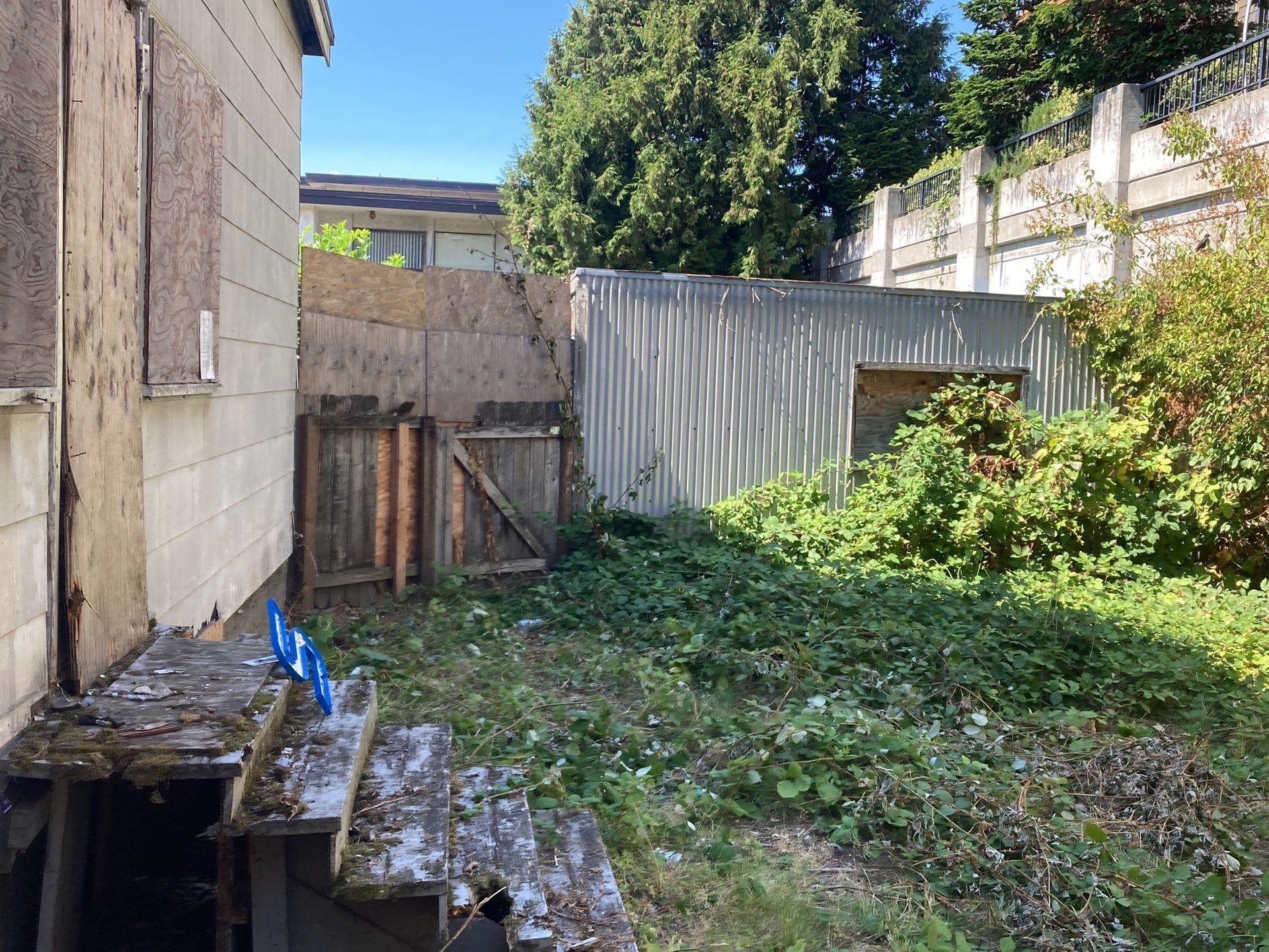 A backyard with a fence and a building in the background.