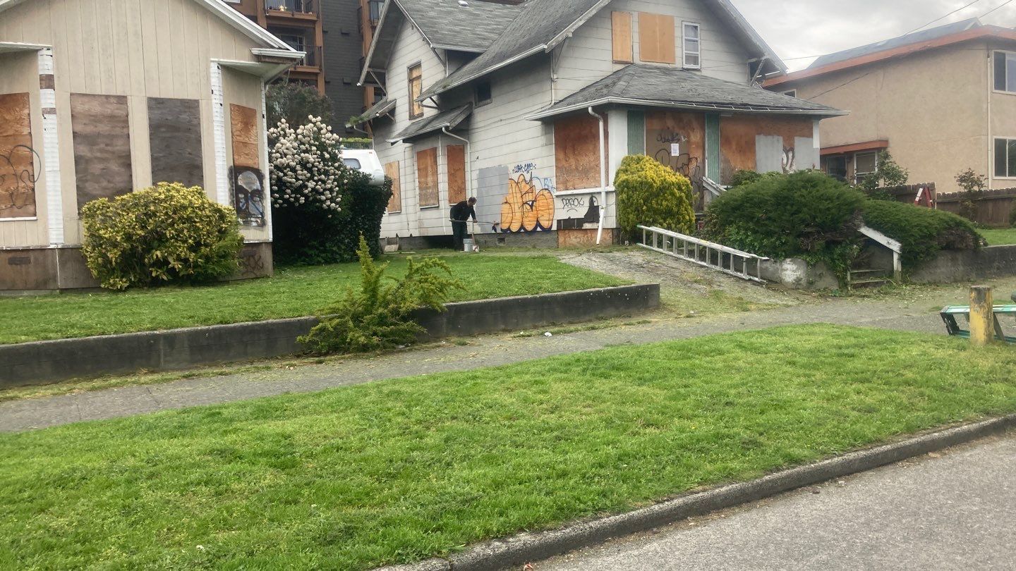 A house with boarded up windows and a ladder in front of it.