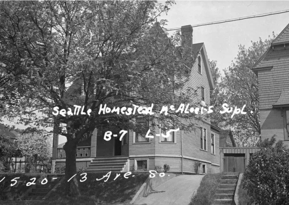 A black and white photo of a seattle homestead