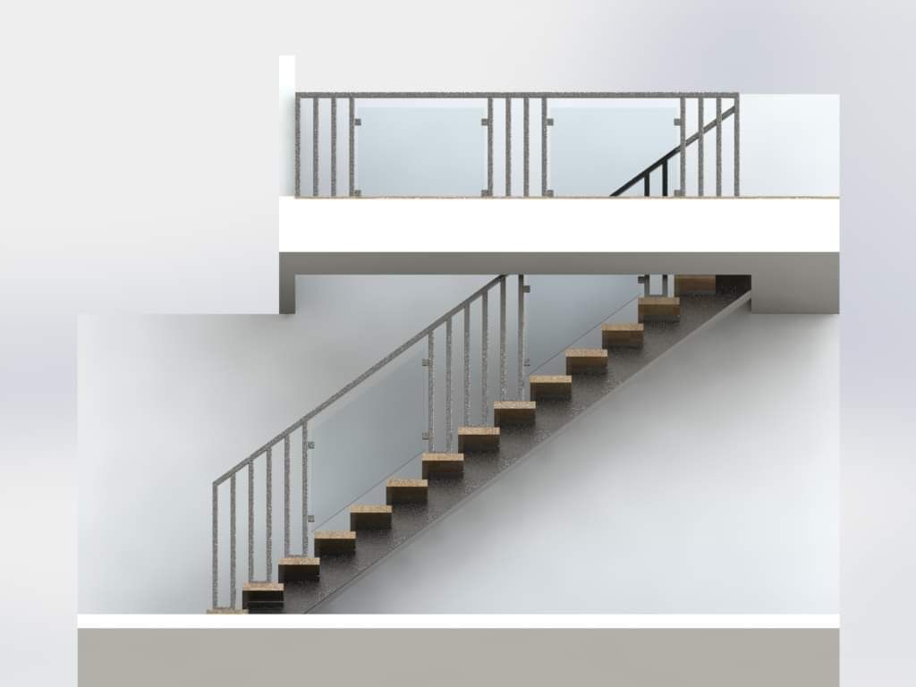 Un modèle 3D d'un escalier avec une rampe en verre