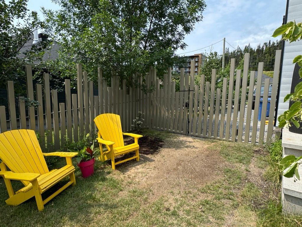 Deux chaises jaunes sont assises dans une cour arrière à côté d'une clôture en bois.