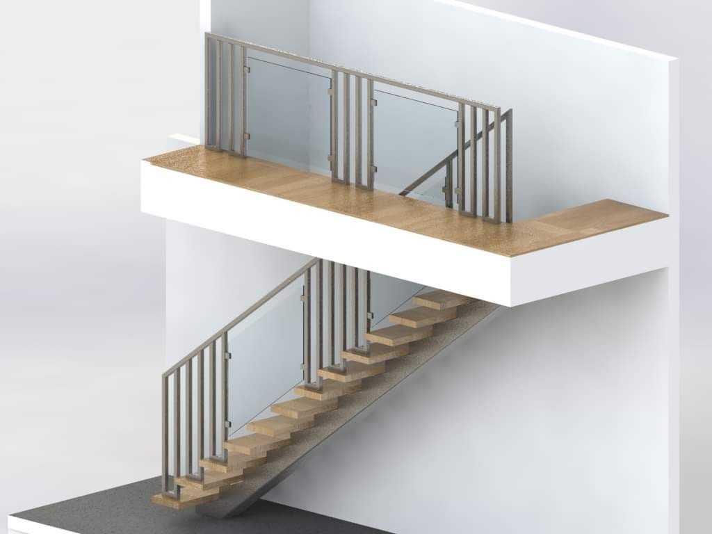 Un modèle 3D d'un escalier en bois avec une rampe en verre.