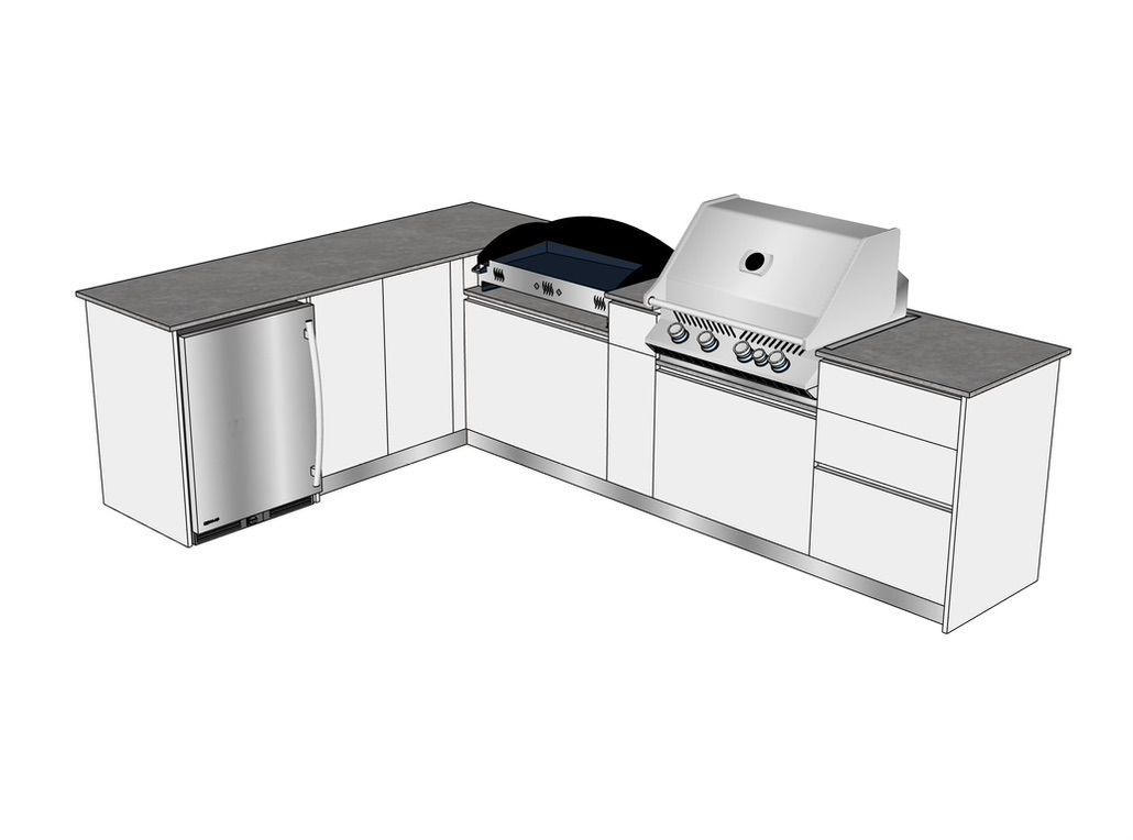 Un dessin d'une cuisine avec un gril et des armoires