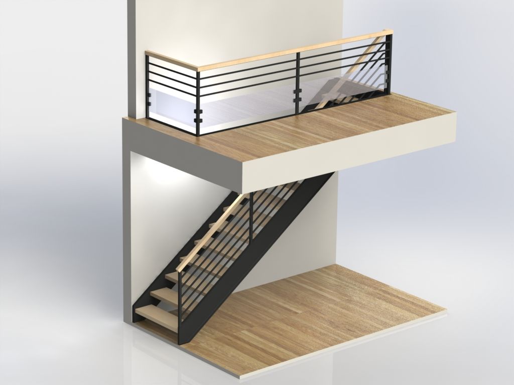 Un modèle 3D d'un escalier avec balcon