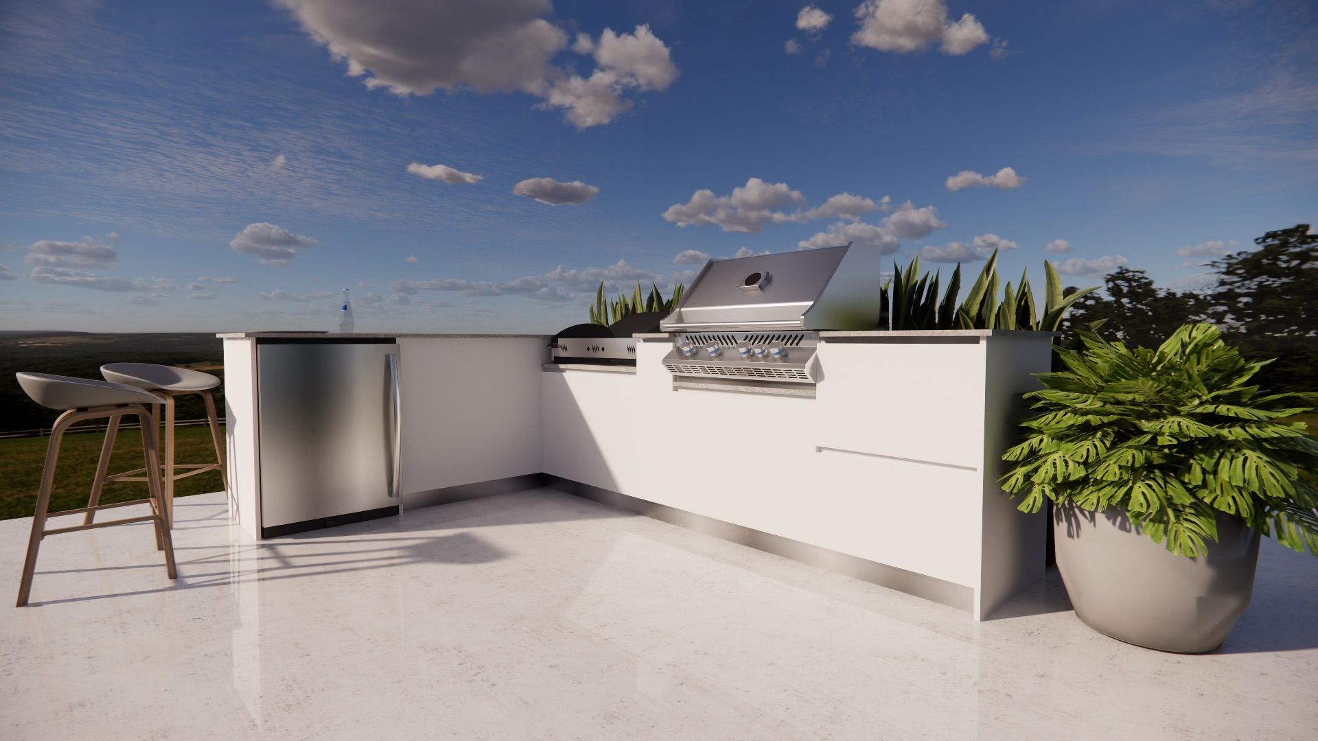 Un rendu d'une cuisine extérieure avec un grill et des tabourets.