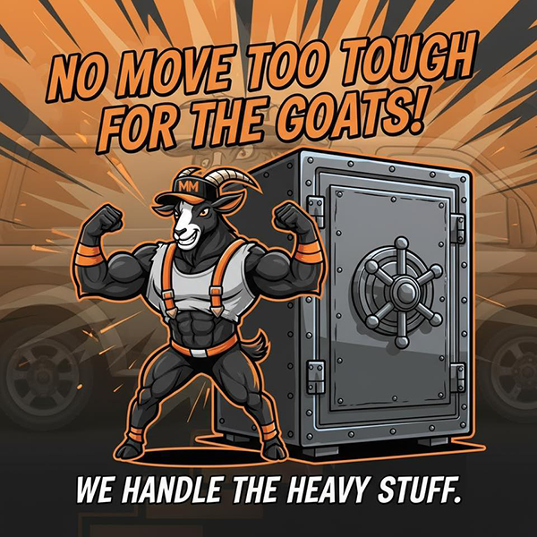 Strong goat mascot flexing, standing beside a large safe. Text: 