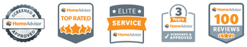 A set of badges that say top rated service elite and 100 reviews