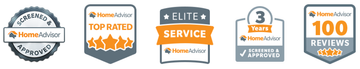 A set of badges that say top rated service elite and 100 reviews