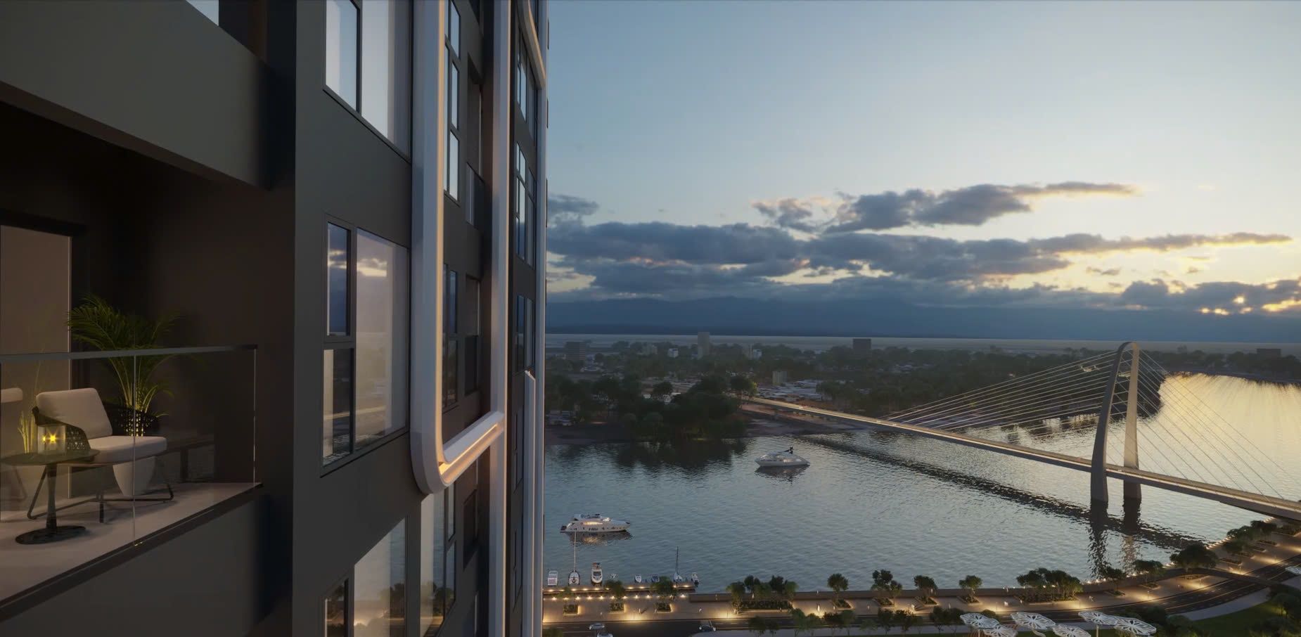 An artist 's impression of a building with a view of a river and a bridge.