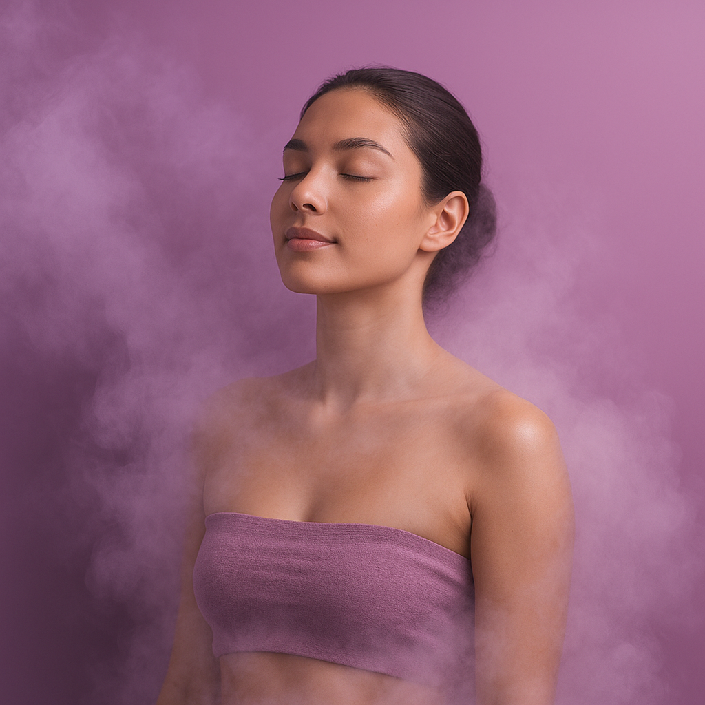Woman with eyes closed, enveloped in purple mist, wearing a strapless top, set against a purple backdrop.
