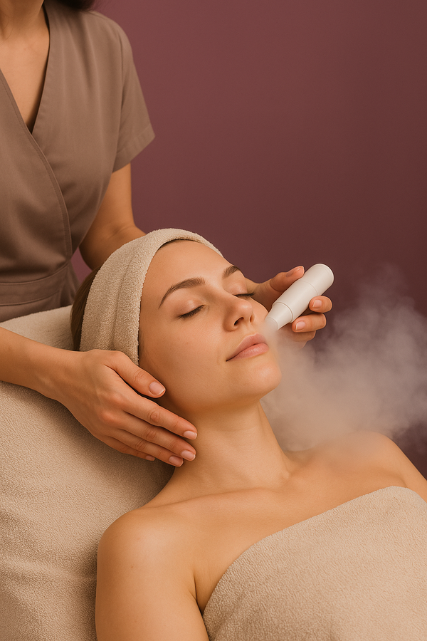 Woman receiving facial steam treatment at a spa.