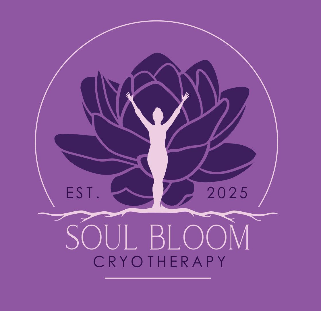 Purple logo: person with raised arms in front of lotus flower,