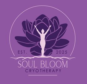 Purple logo: person with raised arms in front of lotus flower,