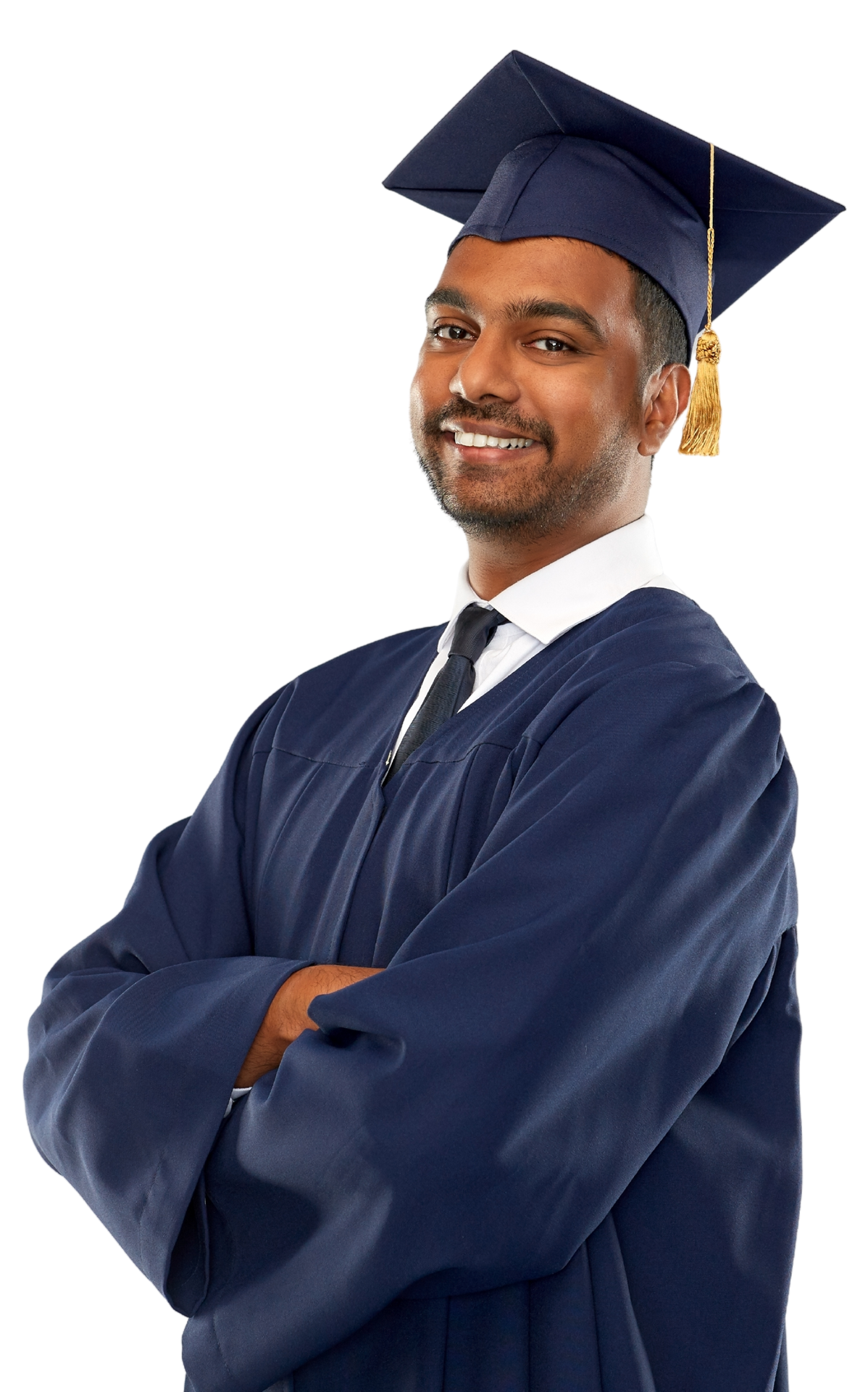Collegae Graduate with has arms crossed and smilling 