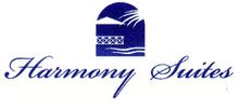 A blue and white logo for harmony suites