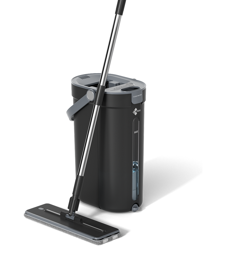 Een witte vloermop met verstelbare steel en een bijpassende verticale schoonmaakemmer op een effen witte achtergrond.