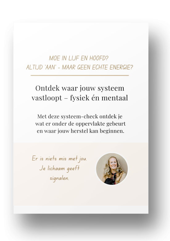 Een tekstrijke promotieflyer in het Nederlands over het herkennen van fysieke en mentale gezondheidsproblemen, met een portret van een vrouw.
