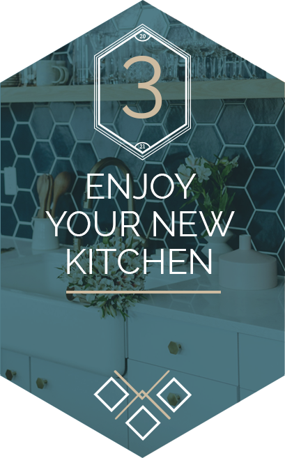 A sign that says `` enjoy your new kitchen '' with a picture of a kitchen.
