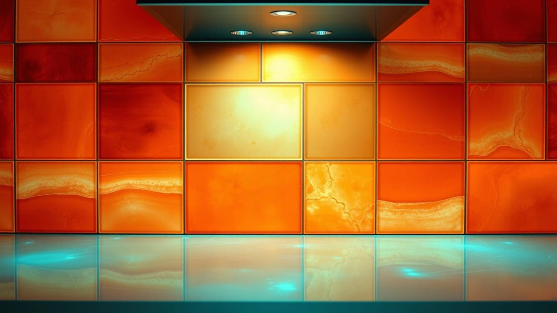 A kitchen with orange tiles and a stove hood.