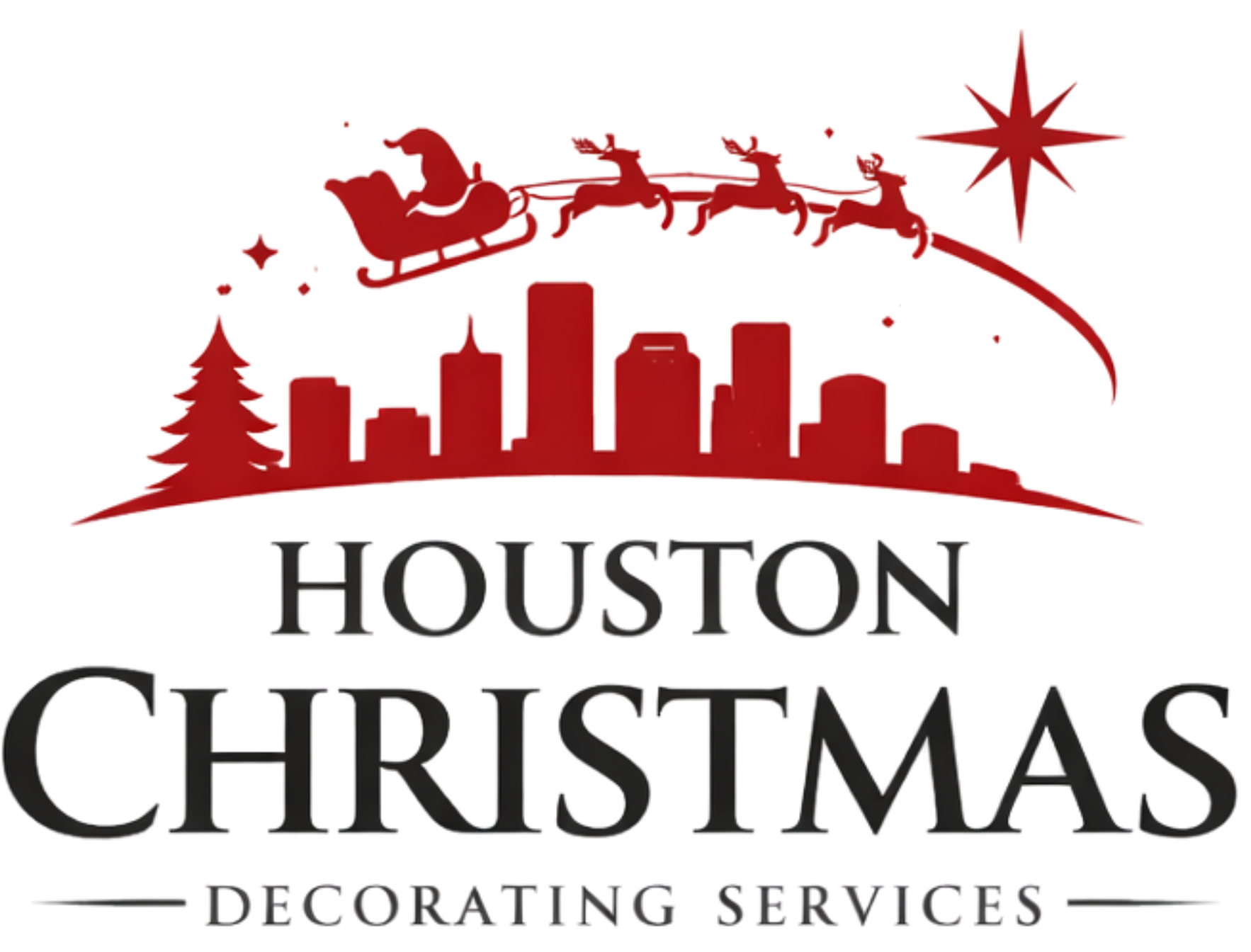 Logo for Houston Christmas Decorating Services featuring a red skyline silhouette, Santa in a sleigh, and a bright star.