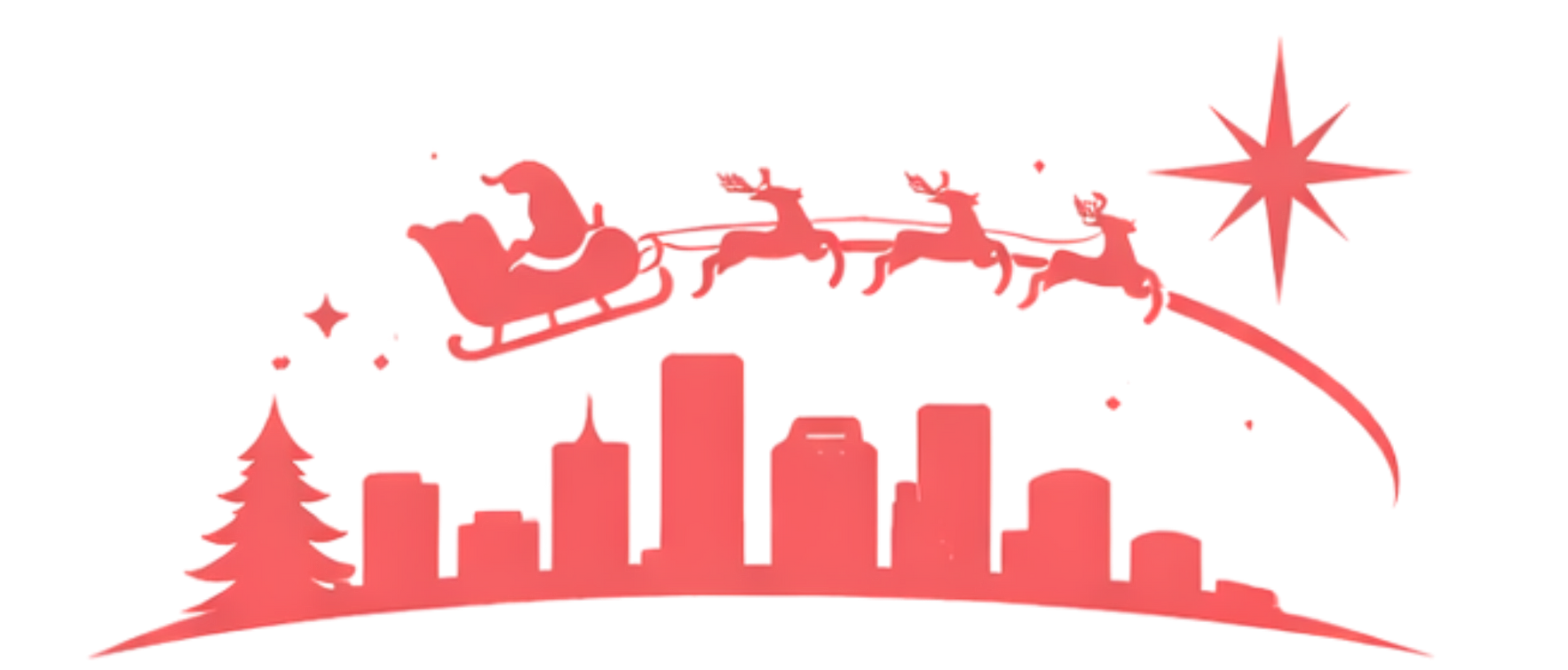 A red silhouette of Santa in his sleigh pulled by three reindeer flying over a city skyline and a Christmas tree.