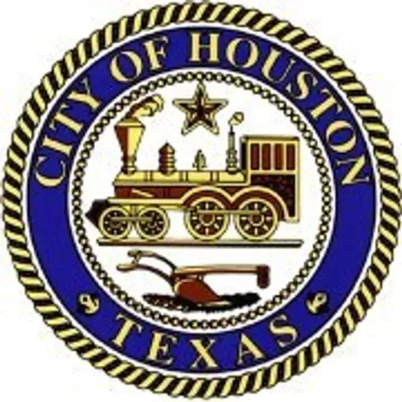 Official seal of the City of Houston, Texas, featuring a locomotive and a plow, surrounded by a rope border.
