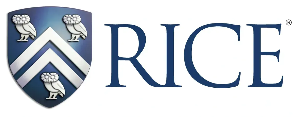 The Rice University logo, featuring a blue shield with three owls and two white chevrons, next to the word RICE in blue.